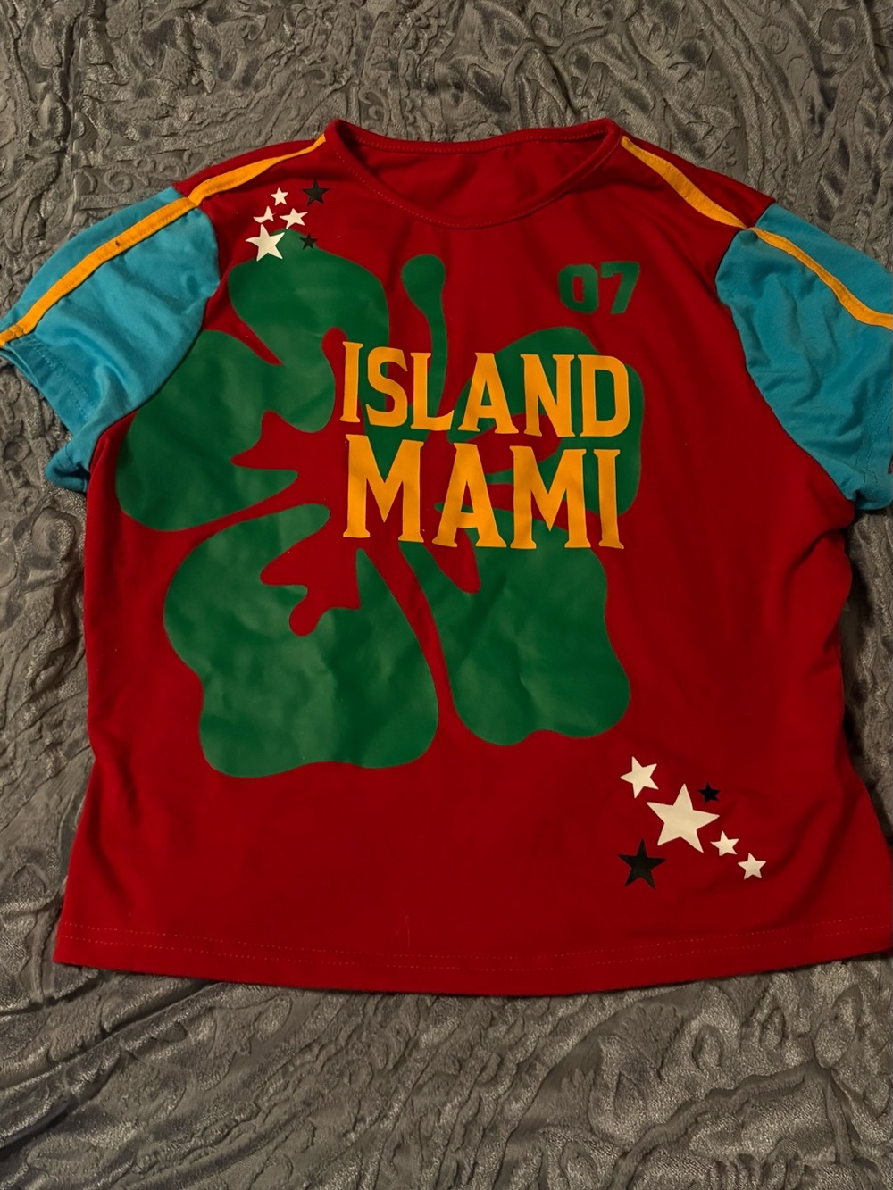 Island Mami Graphic Tee - Red & Green with Blue Accents